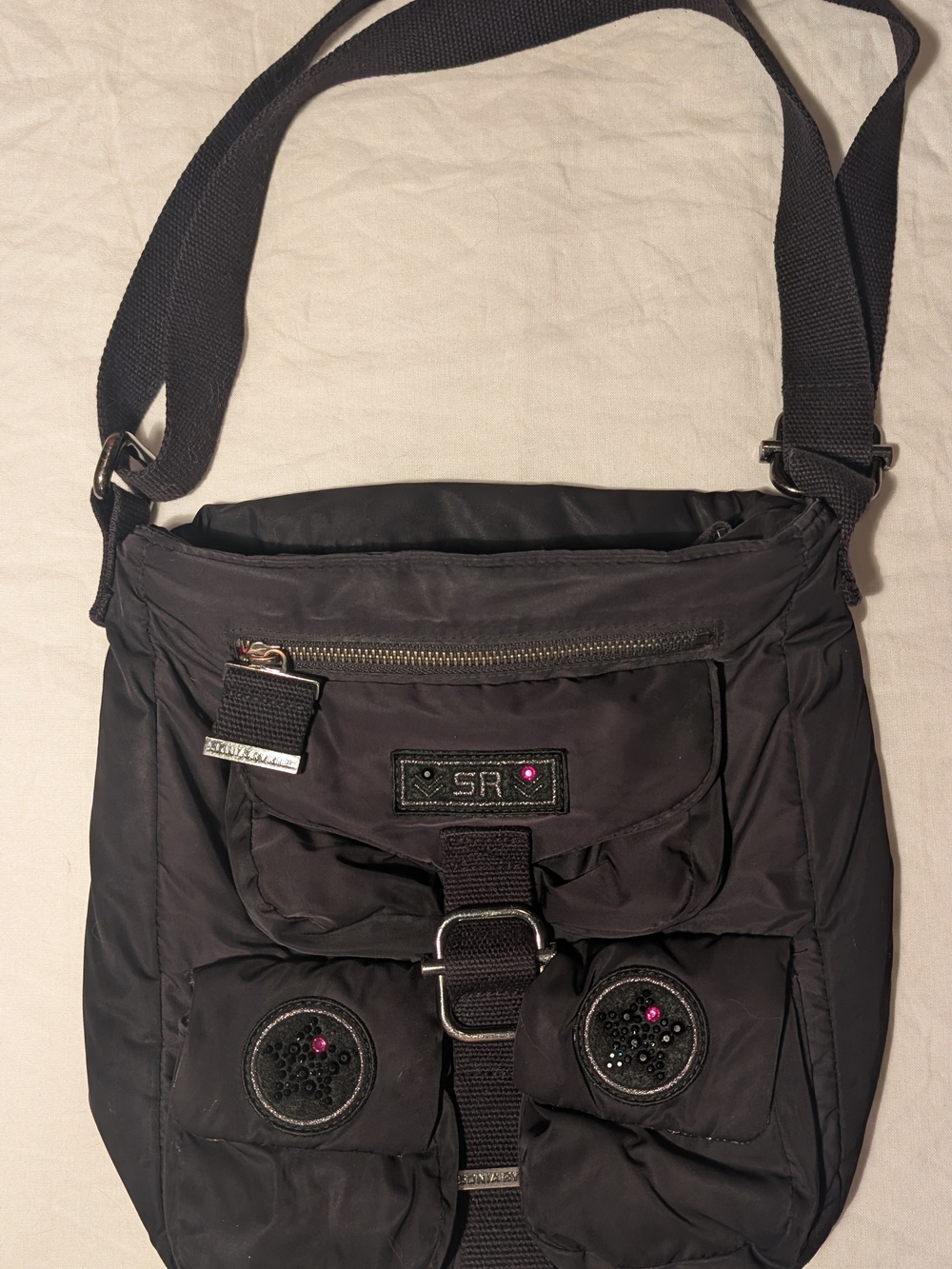 Vintage Sonia Rykiel Black Nylon Messenger Crossbody Bag